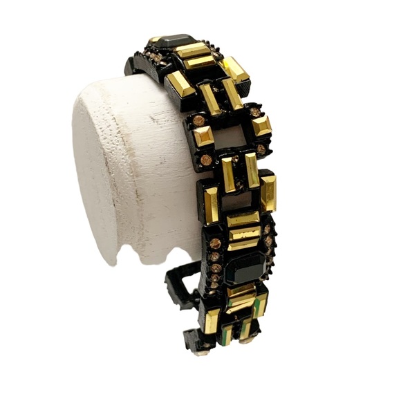 Black enamel and gold and champagne rhinestone art deco style bracelet - Picture 12 of 13